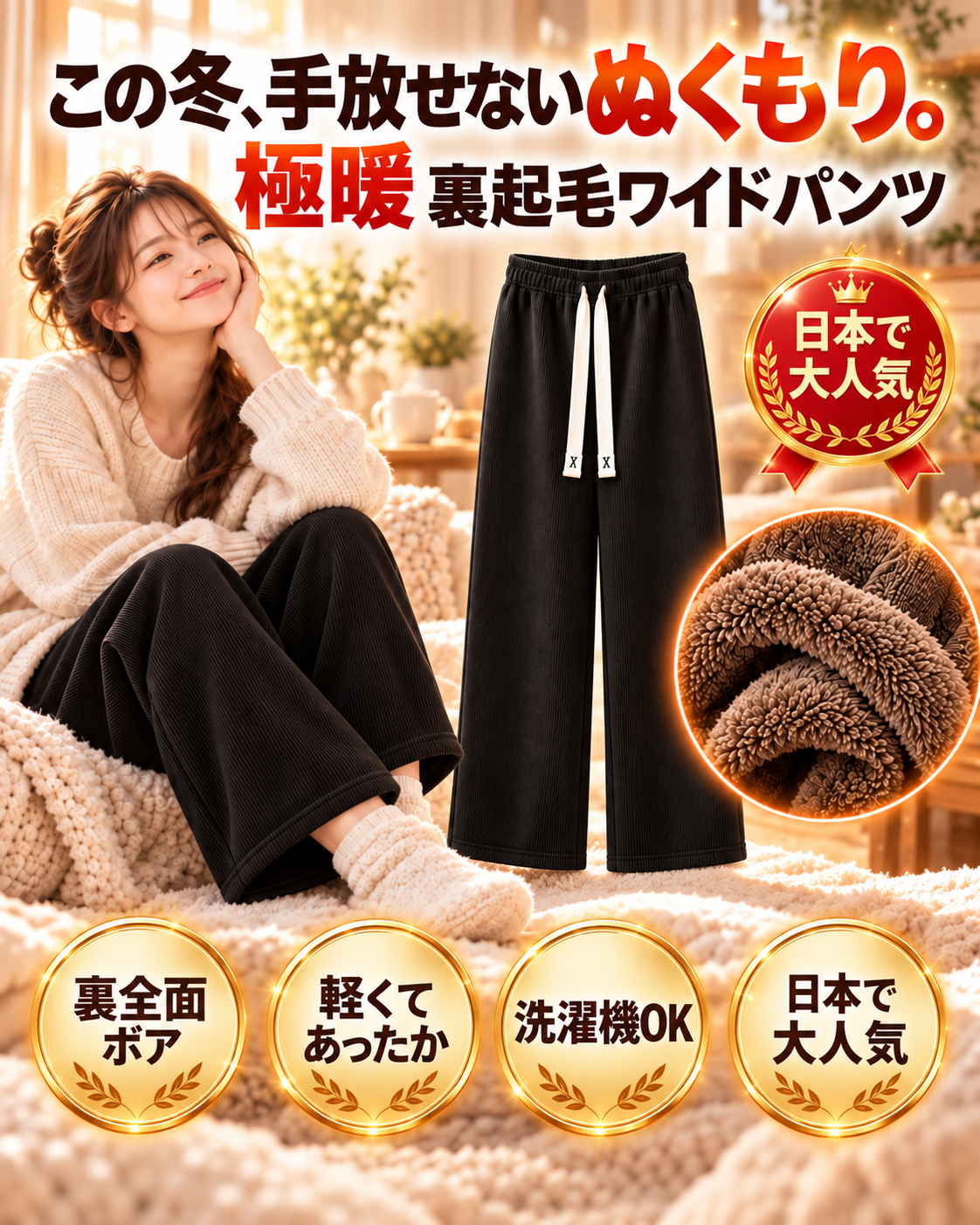極暖 裏起毛ワイドパンツ レディース