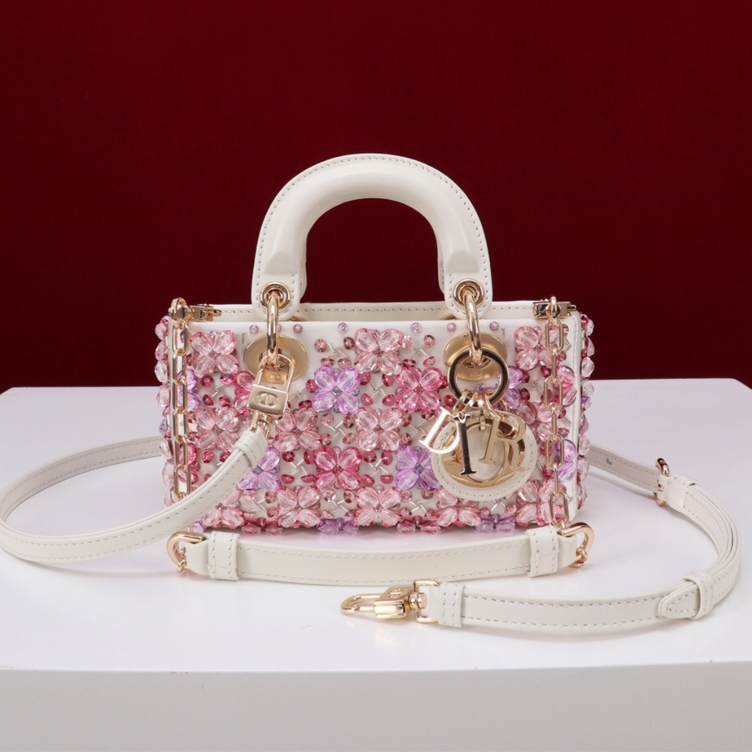 DIOR LADY D-JOY MICRO BAG MADE OF WHITE CALF LEATHER WITH PINK FLOWER EMBROIDERY AND RHINESTONES