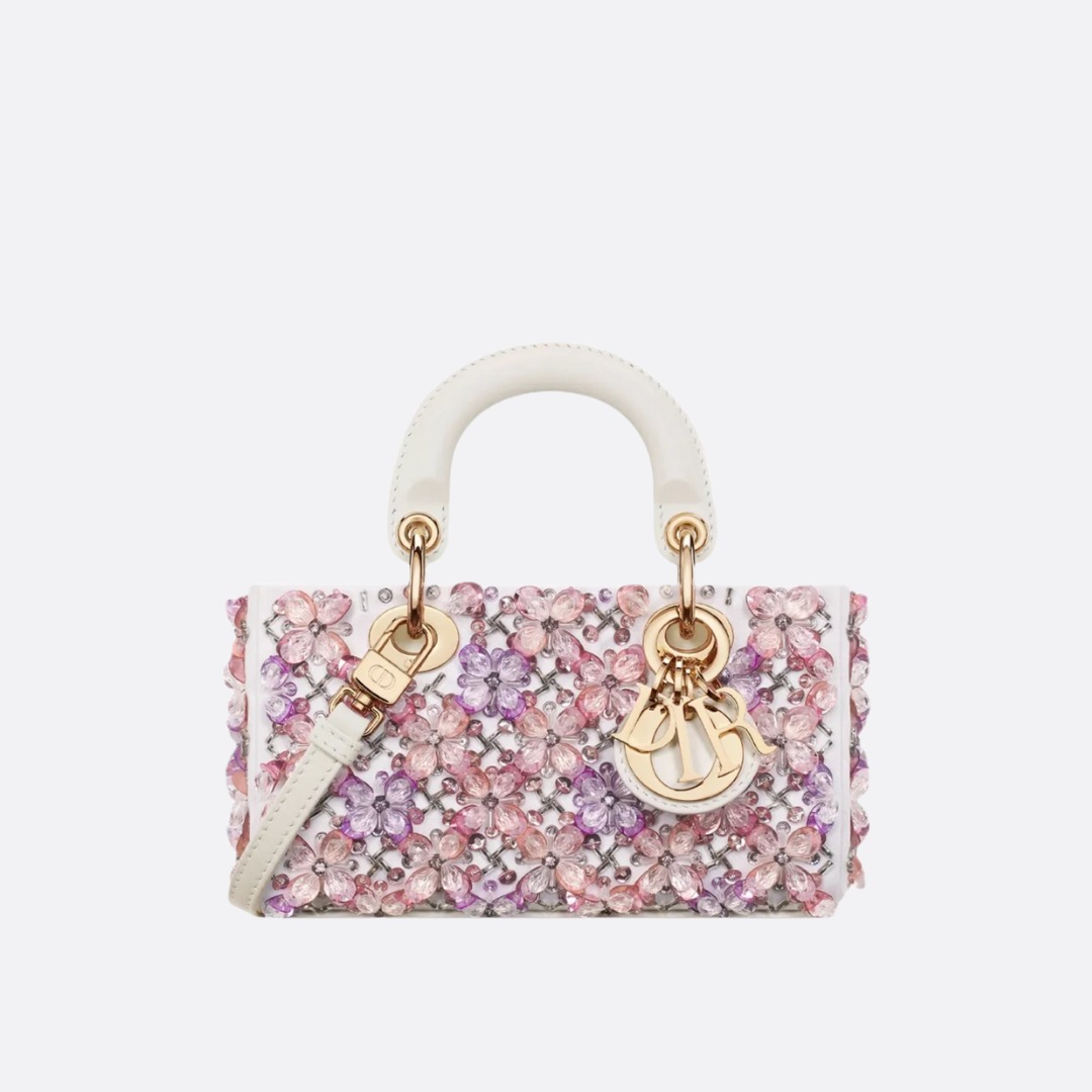 DIOR LADY D-JOY MICRO BAG MADE OF WHITE CALF LEATHER WITH PINK FLOWER EMBROIDERY AND RHINESTONES