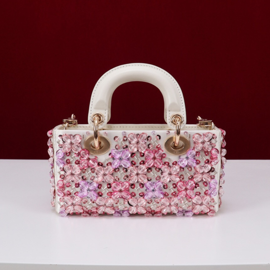 DIOR LADY D-JOY MICRO BAG MADE OF WHITE CALF LEATHER WITH PINK FLOWER EMBROIDERY AND RHINESTONES