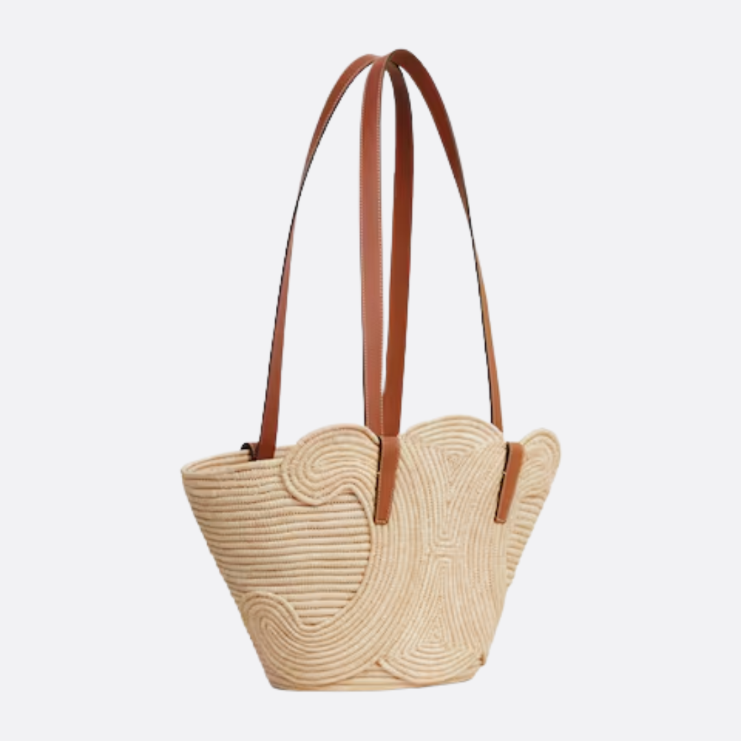 CÉLINE CLASSIC SMALL PANIER HAND BAG MADE OF RAFFIA AND CALFSKIN