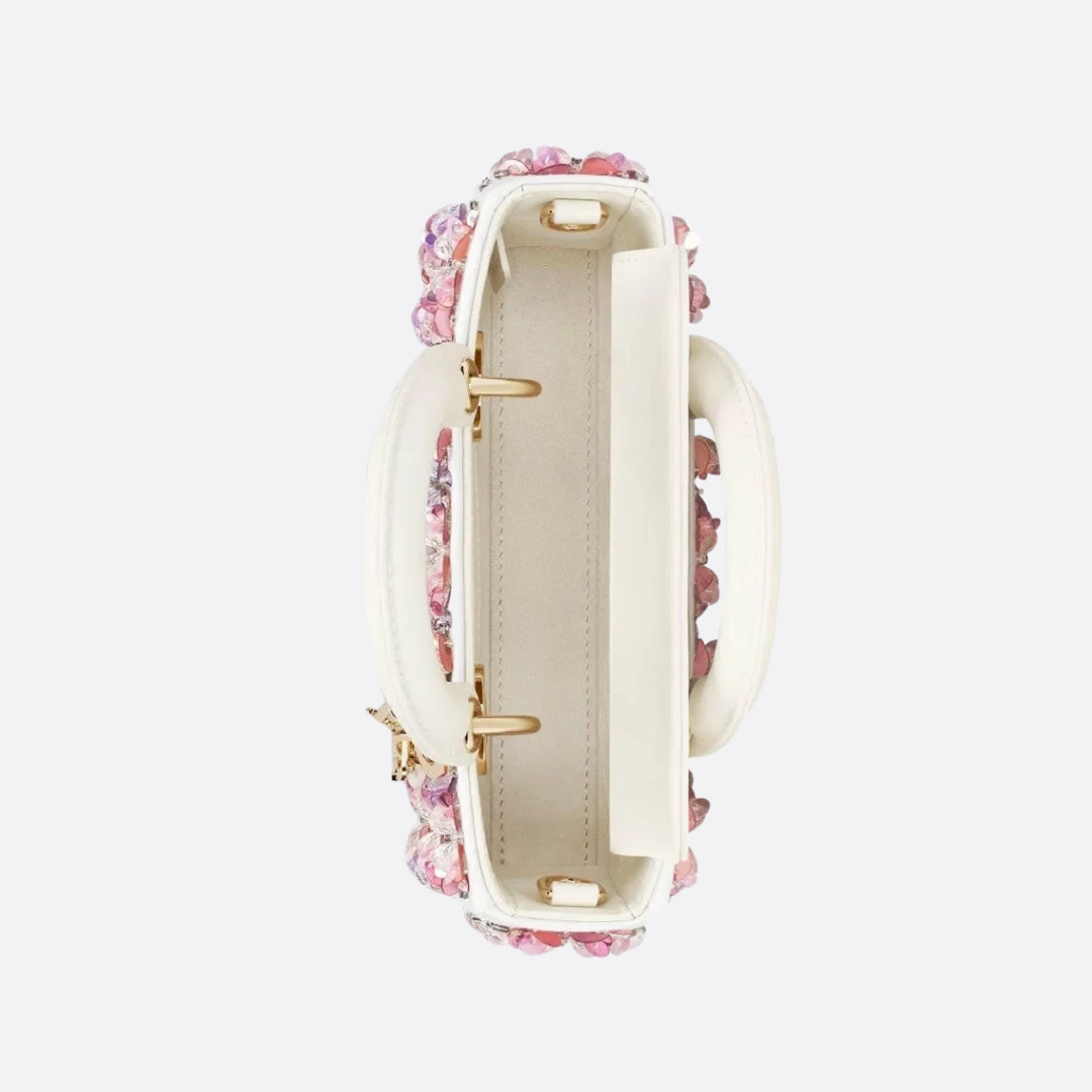 DIOR LADY D-JOY MICRO BAG MADE OF WHITE CALF LEATHER WITH PINK FLOWER EMBROIDERY AND RHINESTONES