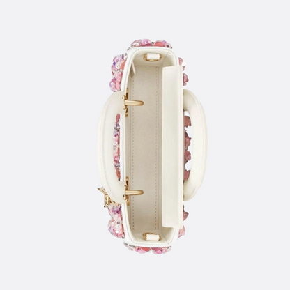 DIOR LADY D-JOY MICRO BAG MADE OF WHITE CALF LEATHER WITH PINK FLOWER EMBROIDERY AND RHINESTONES