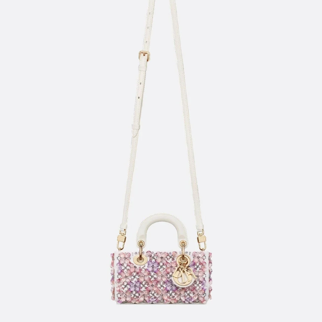 DIOR LADY D-JOY MICRO BAG MADE OF WHITE CALF LEATHER WITH PINK FLOWER EMBROIDERY AND RHINESTONES