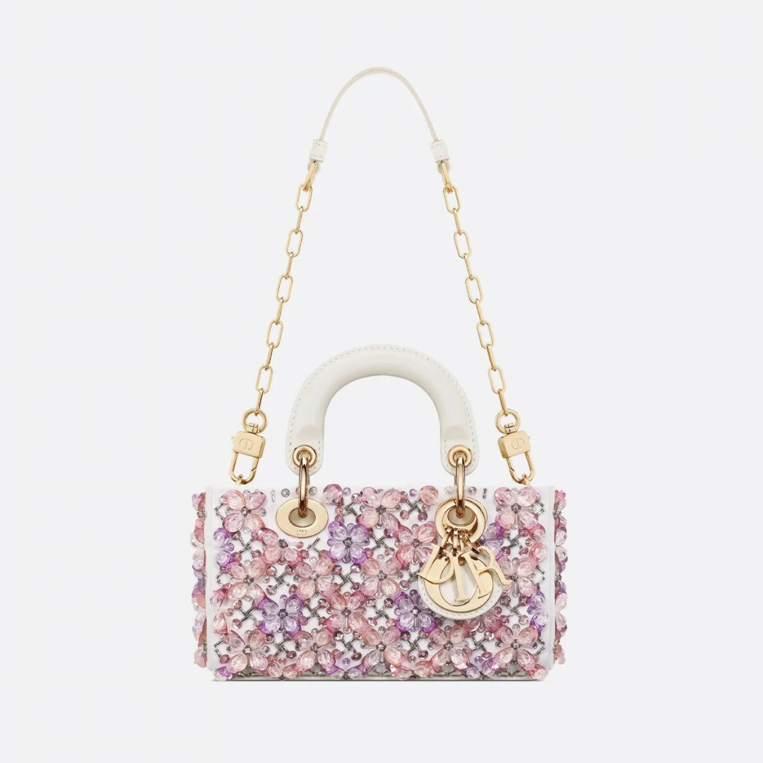DIOR LADY D-JOY MICRO BAG MADE OF WHITE CALF LEATHER WITH PINK FLOWER EMBROIDERY AND RHINESTONES