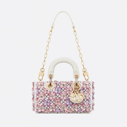 DIOR LADY D-JOY MICRO BAG MADE OF WHITE CALF LEATHER WITH PINK FLOWER EMBROIDERY AND RHINESTONES