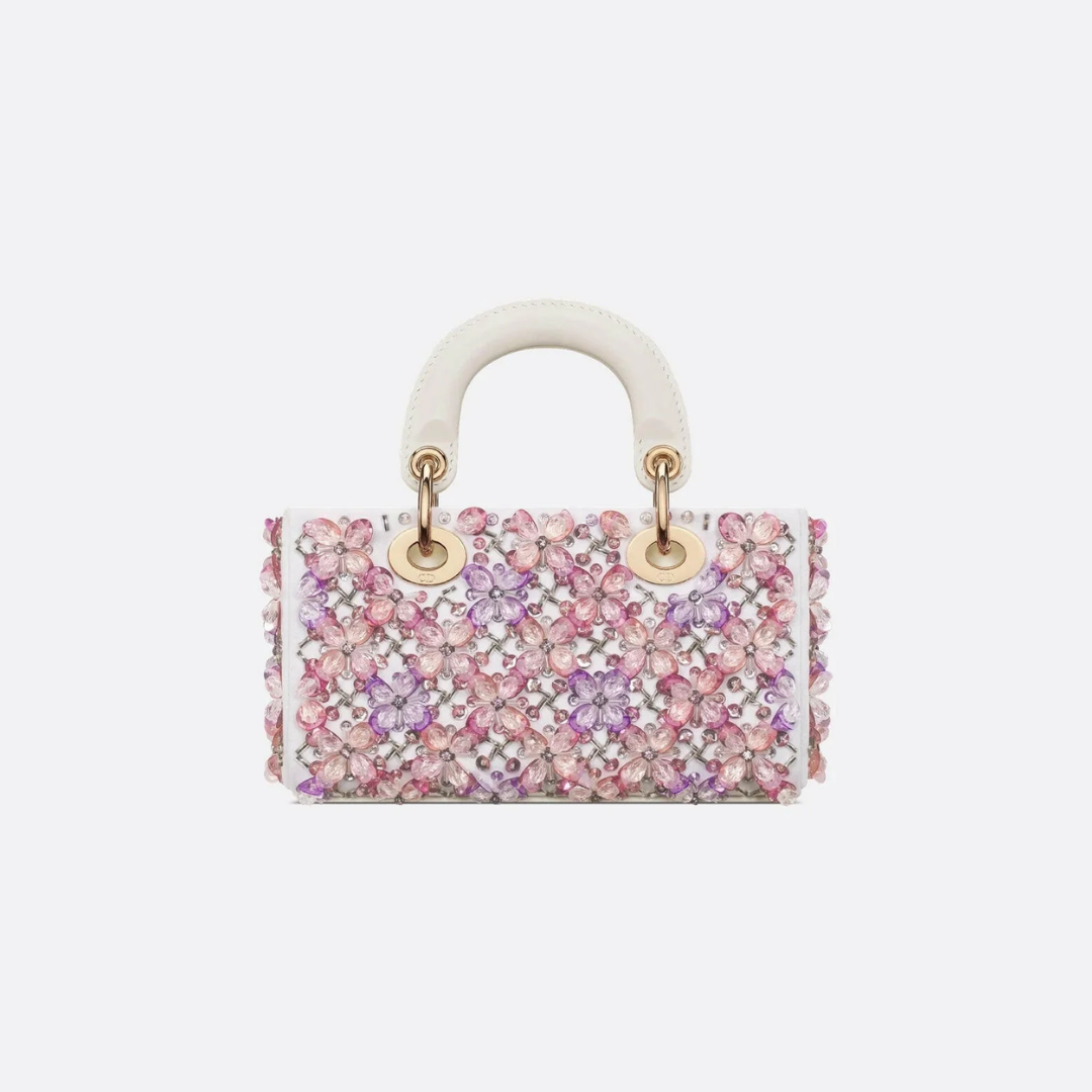 DIOR LADY D-JOY MICRO BAG MADE OF WHITE CALF LEATHER WITH PINK FLOWER EMBROIDERY AND RHINESTONES