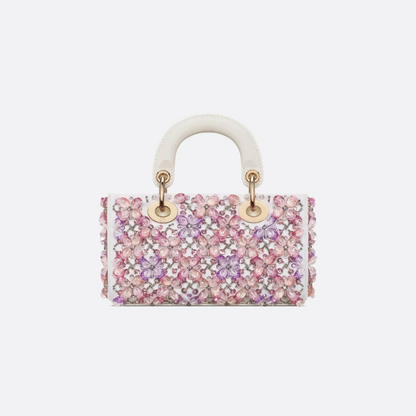DIOR LADY D-JOY MICRO BAG MADE OF WHITE CALF LEATHER WITH PINK FLOWER EMBROIDERY AND RHINESTONES