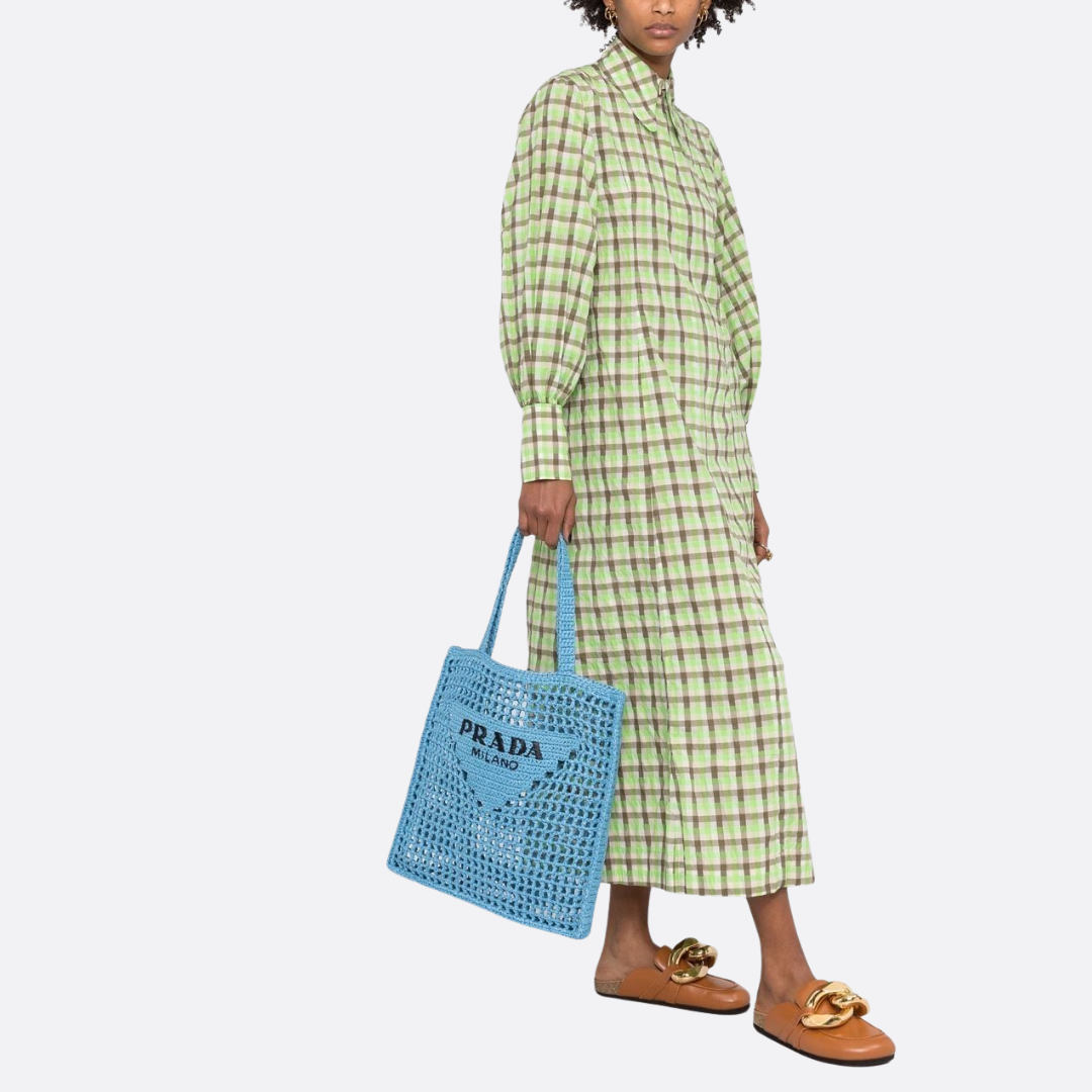 PRADA RAFFIA BAG WITH WOVEN LOGO IN BLUE