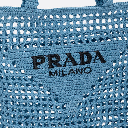 PRADA RAFFIA BAG WITH WOVEN LOGO IN BLUE