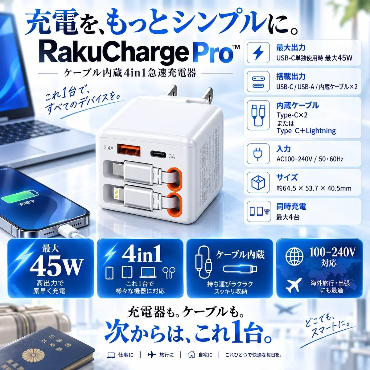 [特別オファー] RakuCharge Pro™｜ケーブル内蔵4in1急速充電器