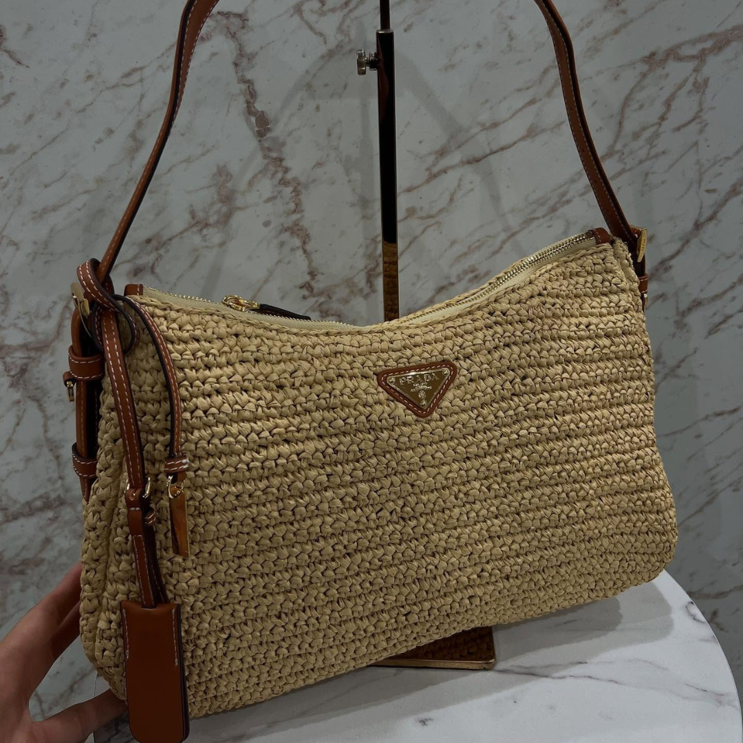 PRADA LARGE HAND BAG MADE OF CROCHET KNIT AND LEATHER