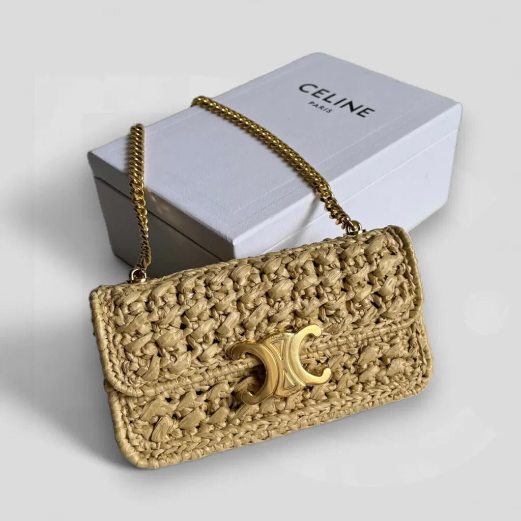 CÉLINE CLAUDE CHAIN SHOULDER BAG IN RAFFIA EFFECT