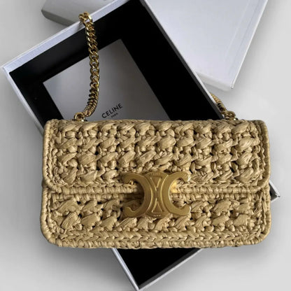 CÉLINE CLAUDE CHAIN SHOULDER BAG IN RAFFIA EFFECT