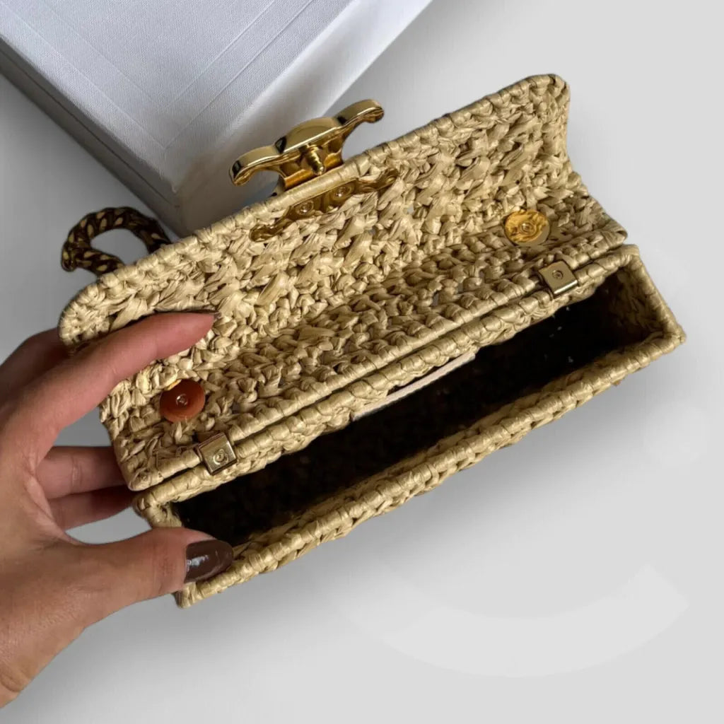 CÉLINE CLAUDE CHAIN SHOULDER BAG IN RAFFIA EFFECT