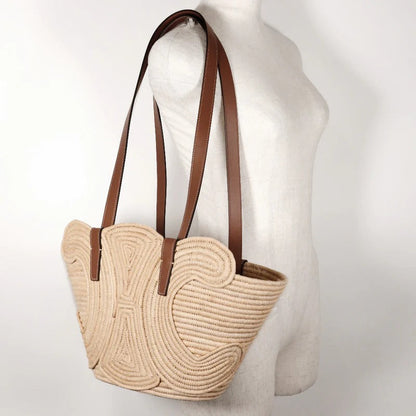 CÉLINE CLASSIC SMALL PANIER HAND BAG MADE OF RAFFIA AND CALFSKIN