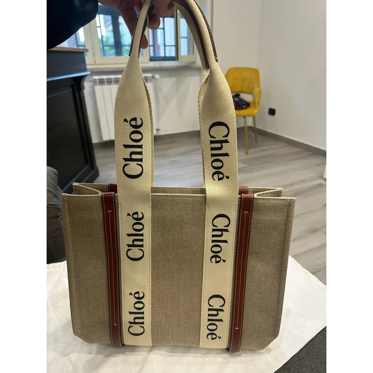 CHLOÉ WOODY TOTE BAG MADE OF LINEN