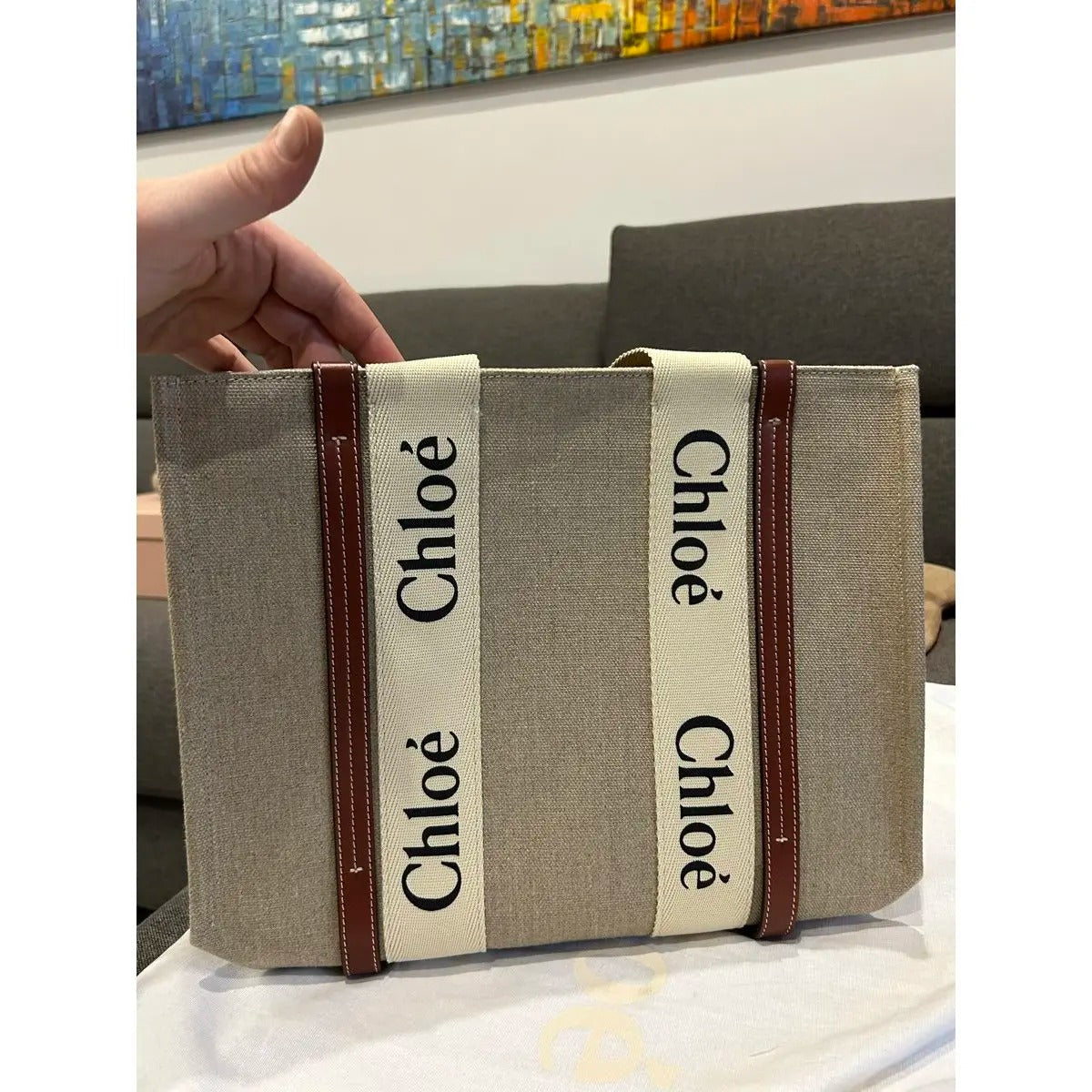 CHLOÉ WOODY TOTE BAG MADE OF LINEN